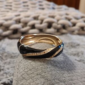 Gold-Tone Black Enamel Bangle with Crystal Accent - Women Jewelry